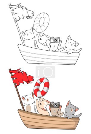 Téléchargez les photos : "Cute cats in the boat are going to travel cartoon coloring page" - en image libre de droit