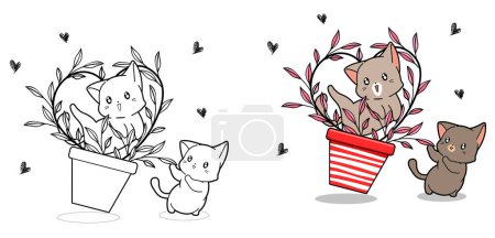Foto de "Lindos gatos con vid del corazón dentro de la página de dibujos animados jarrón para colorear" - Imagen libre de derechos