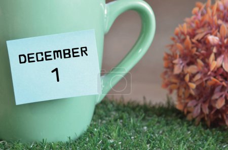 Téléchargez les photos : Tasse à menthe avec date et mois de décembre sur la surface de l'herbe - en image libre de droit