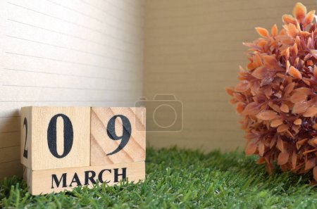 Foto de Calendario de madera con mes de marzo y hierba verde - Imagen libre de derechos