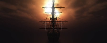 Photo pour "vieux navire coucher de soleil en mer rendu 3d" - image libre de droit