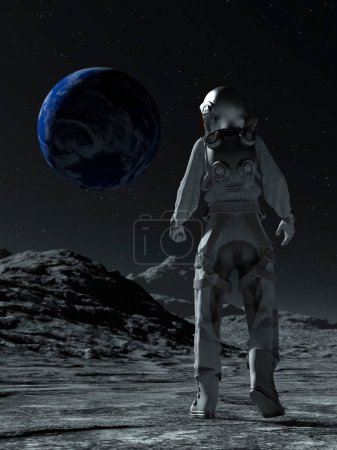 Téléchargez les photos : Astronaute à la sortie spatiale sur la lune regardant la terre. - en image libre de droit