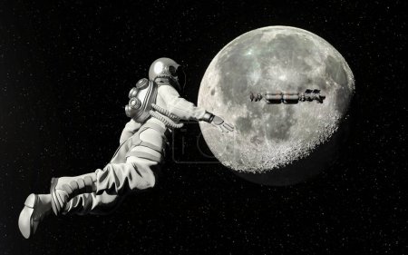 Téléchargez les photos : Astronaute marchant dans l'espace avec fond lunaire - en image libre de droit