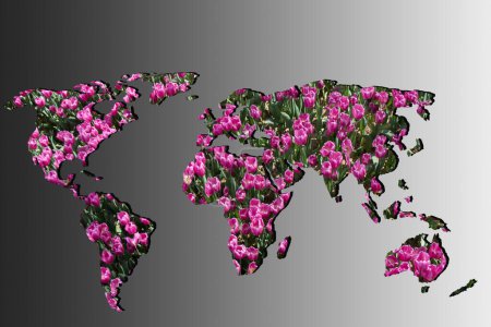 Foto de "Mapa del mundo esbozado con relleno de jardín de tulipanes
" - Imagen libre de derechos