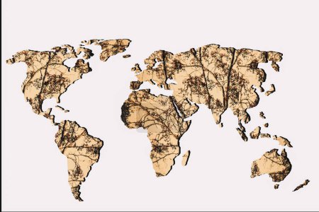 Téléchargez les photos : "Carte du monde grossièrement esquissée avec remplissage sec des feuilles d'automne
" - en image libre de droit