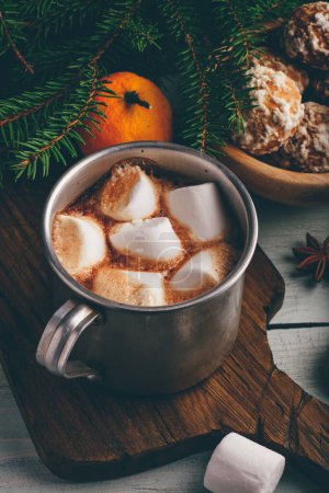 Photo for "Mug of hot chocolate with marshmallows and gingerbread cookies" - Royalty Free Image