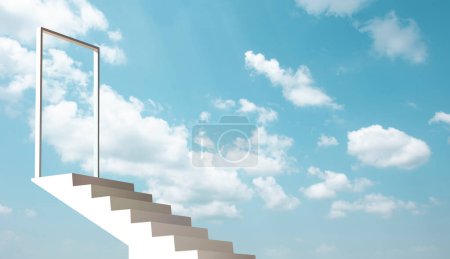 Téléchargez les photos : "Escalier blanc dans le ciel bleu. Illustration 3D." - en image libre de droit