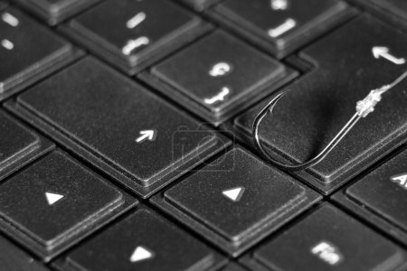 Foto de "Hook on laptop suggesting cyber fraud and phishing" - Imagen libre de derechos