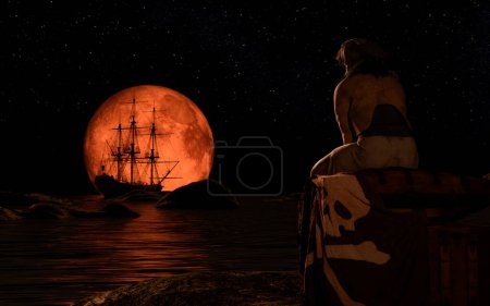 Téléchargez les photos : "Pirate sailboat at the full red moon. The pirate man sitting on a treasure chest." - en image libre de droit