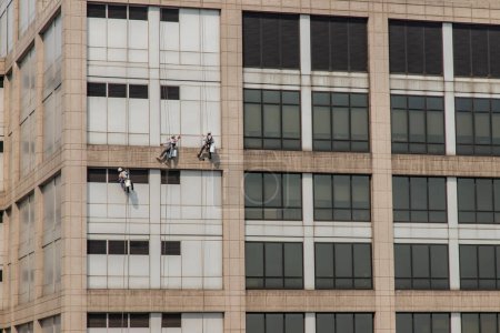 Foto de Grupo de trabajadores que limpian el servicio de ventanas en edificio de oficinas de gran altura - Imagen libre de derechos