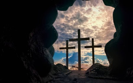 Photo for "Silhouette of Christ cross from an opened tomb in the resurrection concept." - Royalty Free Image