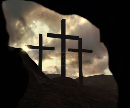 Téléchargez les photos : "Silhouette of Christ cross from an opened tomb in the resurrection concept." - en image libre de droit