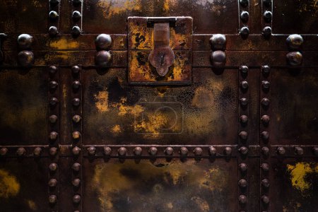 Téléchargez les photos : Gros plan du coffre au trésor vintage brun en métal. - en image libre de droit