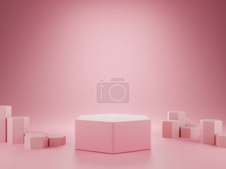 Téléchargez les photos : "podium rose, vitrine de fond piédestal et rose, présentation du produit. Rendu 3D." - en image libre de droit