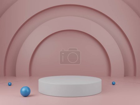 Téléchargez les photos : "podium blanc, piédestal rond et décoration de boule bleue sur fond rose vitrine, présentation du produit. Rendu 3D." - en image libre de droit