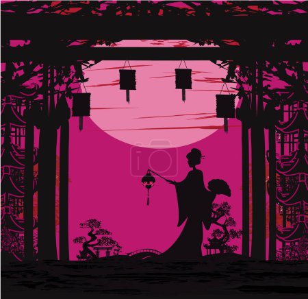 Téléchargez les photos : Silhouette Geisha au coucher du soleil - carte décorative - en image libre de droit
