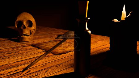 Photo for "Skull with a burning candle, pirate map, bottle, and sword" - Royalty Free Image