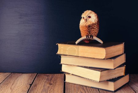 Photo for "books stacked on a wooden table in a rustic style on the background a school blackboard. Owl on books as a source of wisdom and knowledge. Concept welcome back to school. copy space" - Royalty Free Image
