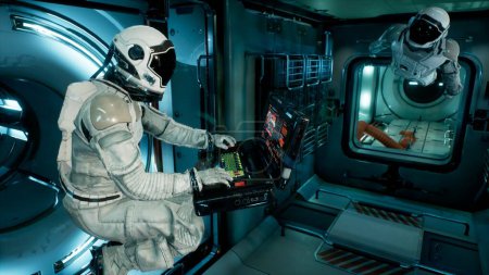 Téléchargez les photos : "Un astronaute dans un vaisseau spatial observe à travers un hublot une planète extraterrestre inexplorée. Rendu 3D." - en image libre de droit