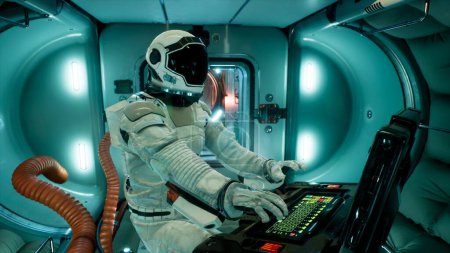 Téléchargez les photos : "Un astronaute dans un vaisseau spatial observe à travers un hublot une planète extraterrestre inexplorée. Rendu 3D." - en image libre de droit