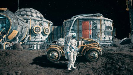 Téléchargez les photos : "Un astronaute se tient à côté de son rover lunaire à la base spatiale lunaire. Vue de la surface lunaire et de la colonie lunaire. Rendu 3D." - en image libre de droit