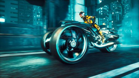 Photo for "A cybernetic robot rushes on a futuristic motorcycle along the night street of the city of the future. A view of the neon sci-fi city. 3D Rendering." - Royalty Free Image