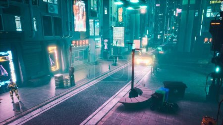 Foto de "Vista de la calle neón de la noche con coches voladores de la ciudad del futuro. Vista de una ciudad futura. Renderizado 3D." - Imagen libre de derechos