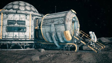 Foto de "Vista de la superficie lunar, colonia lunar y astronautas trabajando en la base lunar junto al rover lunar. Renderizado 3D." - Imagen libre de derechos