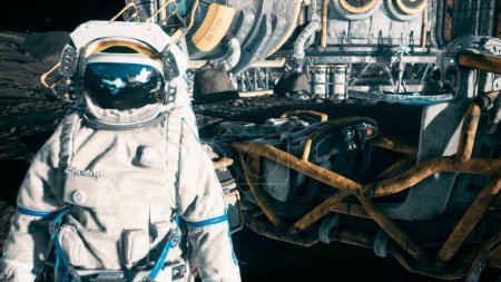 Téléchargez les photos : "Un astronaute se tient à côté de son rover lunaire à la base spatiale lunaire. Vue de la surface lunaire et de la colonie lunaire. Rendu 3D." - en image libre de droit