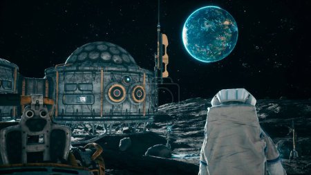 Foto de "Vista de la superficie lunar, colonia lunar y astronautas trabajando en la base lunar junto al rover lunar. Renderizado 3D." - Imagen libre de derechos
