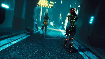Foto de "Un cibersoldado camina por las oscuras calles de la ciudad cibernética del futuro. Vista de una futura ciudad de ficción. Renderizado 3D." - Imagen libre de derechos