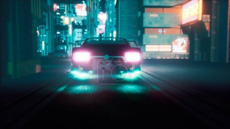 Photo for "The flying car of the future rushes through the neon street of the cyber city. View of an future city. 3D Rendering." - Royalty Free Image