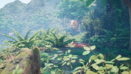Photo for "The Tyrannosaurus Rex dinosaur slowly creeps up on its prey in a thicket of green prehistoric jungle. View of the green prehistoric jungle forest on a Sunny morning. 3D Rendering." - Royalty Free Image