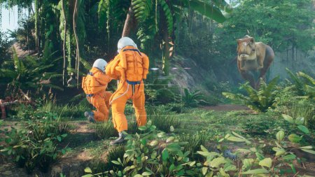 Téléchargez les photos : "Les astronautes combattent le dinosaure Tyrannosaurus Rex dans une jungle extraterrestre préhistorique. Rendu 3D." - en image libre de droit