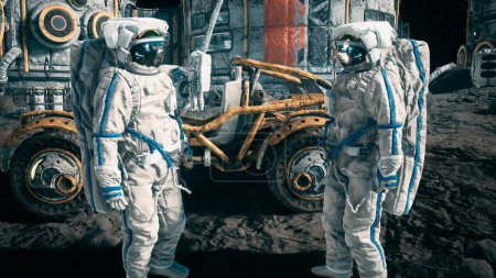 Foto de "Reunión de astronautas en la base lunar cerca del rover lunar. Vista de la colonia lunar y astronautas trabajando en la base espacial. Renderizado 3D." - Imagen libre de derechos