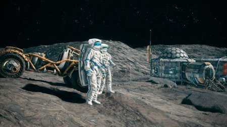 Téléchargez les photos : "Les astronautes près de leur rover lunaire admirent la base lunaire de leur colonie lunaire. Vue de la surface lunaire et de la base spatiale. Rendu 3D." - en image libre de droit