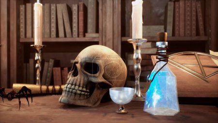 Foto de "Un cráneo y un manuscrito con hechizos yacen en la antigua mesa del alquimista. Renderizado 3D." - Imagen libre de derechos