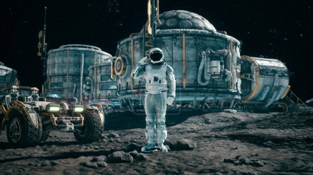 Photo for "The astronaut researcher salutes against the background of the space base and planetrover. 3D Rendering." - Royalty Free Image