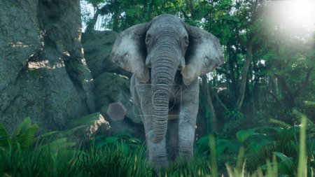 Téléchargez les photos : "Un éléphant d'Afrique gris marche dans la jungle verte tôt le matin. Un regard sur la jungle africaine. Rendu 3D." - en image libre de droit