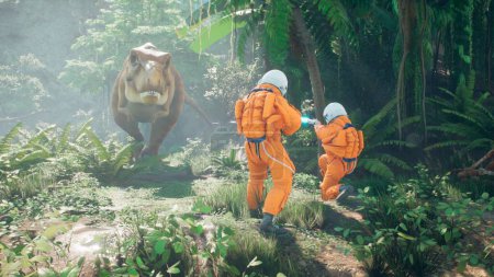 Foto de "Una reunión de dos astronautas viajeros en el tiempo y un tiranosaurio depredador rex en un parque Jurásico prehistórico. Renderizado 3D." - Imagen libre de derechos