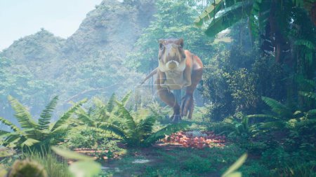 Téléchargez les photos : "Le dinosaure Tyrannosaurus Rex se glisse lentement sur sa proie dans un fourré de jungle préhistorique verte. Vue sur la forêt verdoyante de la jungle préhistorique par un matin ensoleillé. Rendu 3D." - en image libre de droit