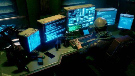 Téléchargez les photos : "Un hacker masculin entouré de moniteurs lumineux pirate le réseau informatique de quelqu'un d'autre dans une pièce sombre de son bureau. Rendu 3D." - en image libre de droit