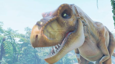 Foto de "El dinosaurio Tyrannosaurus Rex lentamente se arrastra sobre su presa en un matorral de selva verde prehistórica. Vista del verde bosque selvático prehistórico en una mañana soleada. Renderizado 3D." - Imagen libre de derechos