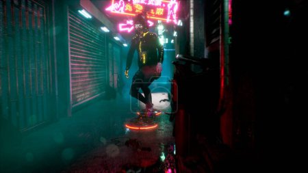 Téléchargez les photos : "La fille du futur glisse sur son hoverboard dans la rue de la cyber-ville. Vue d'une future cyber-ville. Rendu 3D." - en image libre de droit