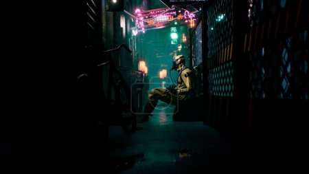 Photo for "A nuclear physicist sits on a neon street and checks the surrounding radiation with a dosimeter. Post-apocalyptic world concept. 3D Rendering." - Royalty Free Image
