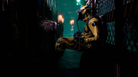 Téléchargez les photos : "Un physicien nucléaire est assis dans une rue néon et vérifie les radiations environnantes avec un dosimètre. Concept du monde post-apocalyptique. Rendu 3D." - en image libre de droit