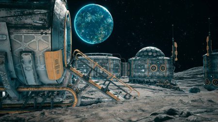 Foto de "Una vista de la superficie de otro planeta, una colonia lunar o una base espacial con cohetes espaciales de pie cerca. Renderizado 3D." - Imagen libre de derechos