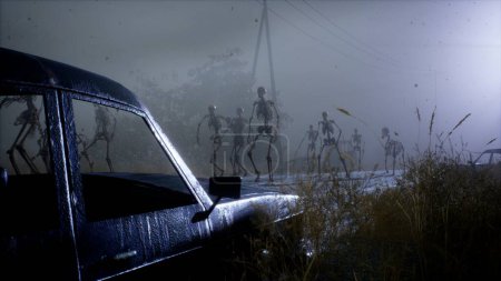 Téléchargez les photos : "Des squelettes effrayants marchent le long d'une route apocalyptique abandonnée et brumeuse. Vue d'un paysage brumeux mystique abandonné. Rendu 3D." - en image libre de droit