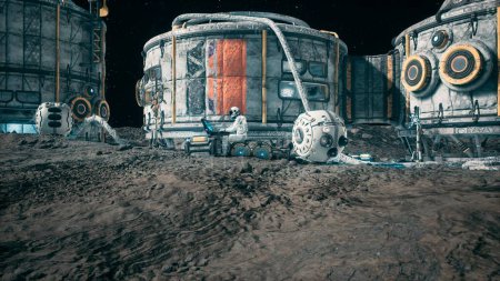Téléchargez les photos : "Vue de la surface d'une planète extraterrestre, d'une colonie spatiale ou d'une base lunaire avec des vaisseaux spatiaux à proximité. Rendu 3D." - en image libre de droit