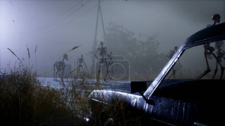 Photo for "Spooky scary skeletons are walking along a misty abandoned apocalyptic road. View of an abandoned mystic foggy landscape. 3D Rendering." - Royalty Free Image